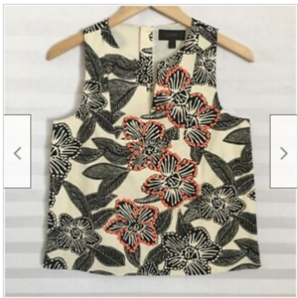 J Crew Beige Black Notched Shell‎ Blouse Top Polynesian Floral Print
